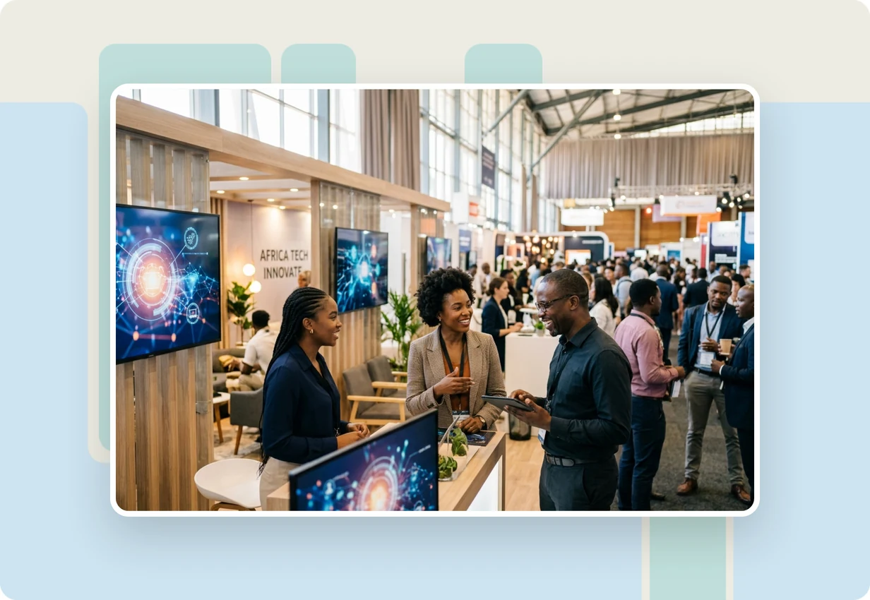 alugha at GITEX AFRICA 2023: tech and enterprise professionals watching a multilingual video at a technology expo booth in Marrakech