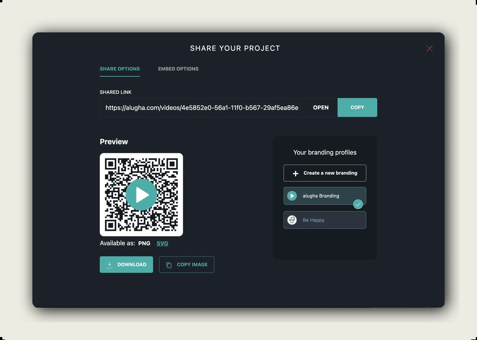 The alugha Share Project dialog, SHARE OPTIONS tab, with the shared link, the copy button and the QR code