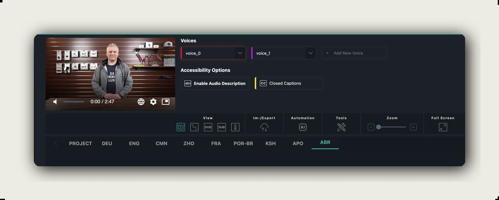 manage audio alugha — Voices section with voice_0 and voice_1 slots plus Add New Voice button