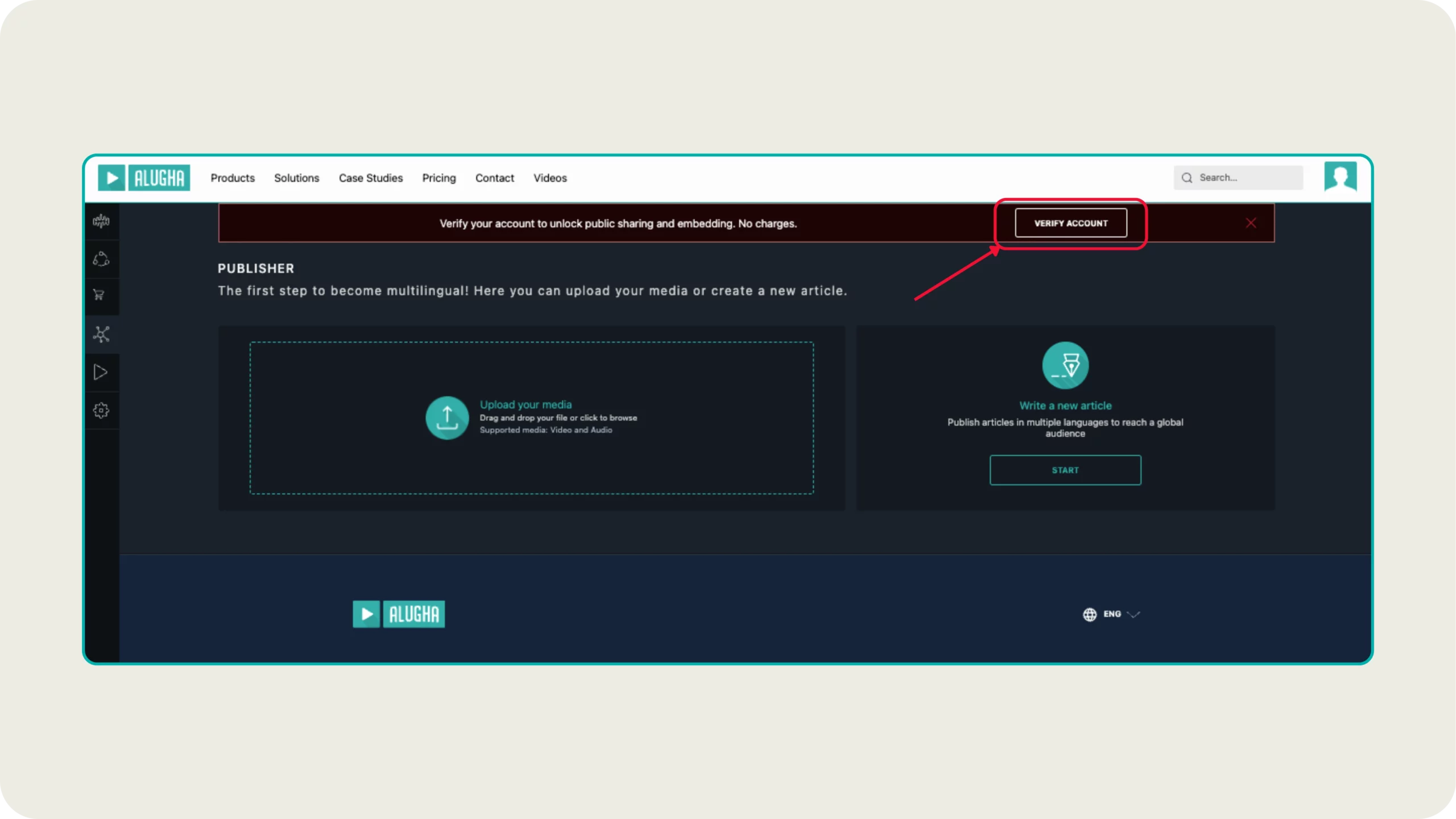 alugha Publisher page with account verification banner