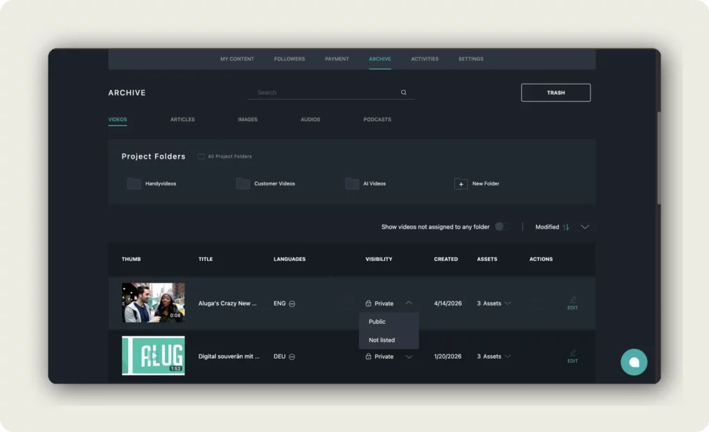alugha My archive VISIBILITY dropdown with Private, Public, and Not listed options to set video visibility and privacy