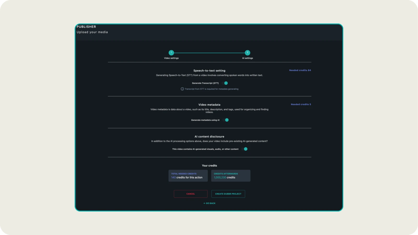 alugha upload wizard step 2 showing AI settings with credit summary