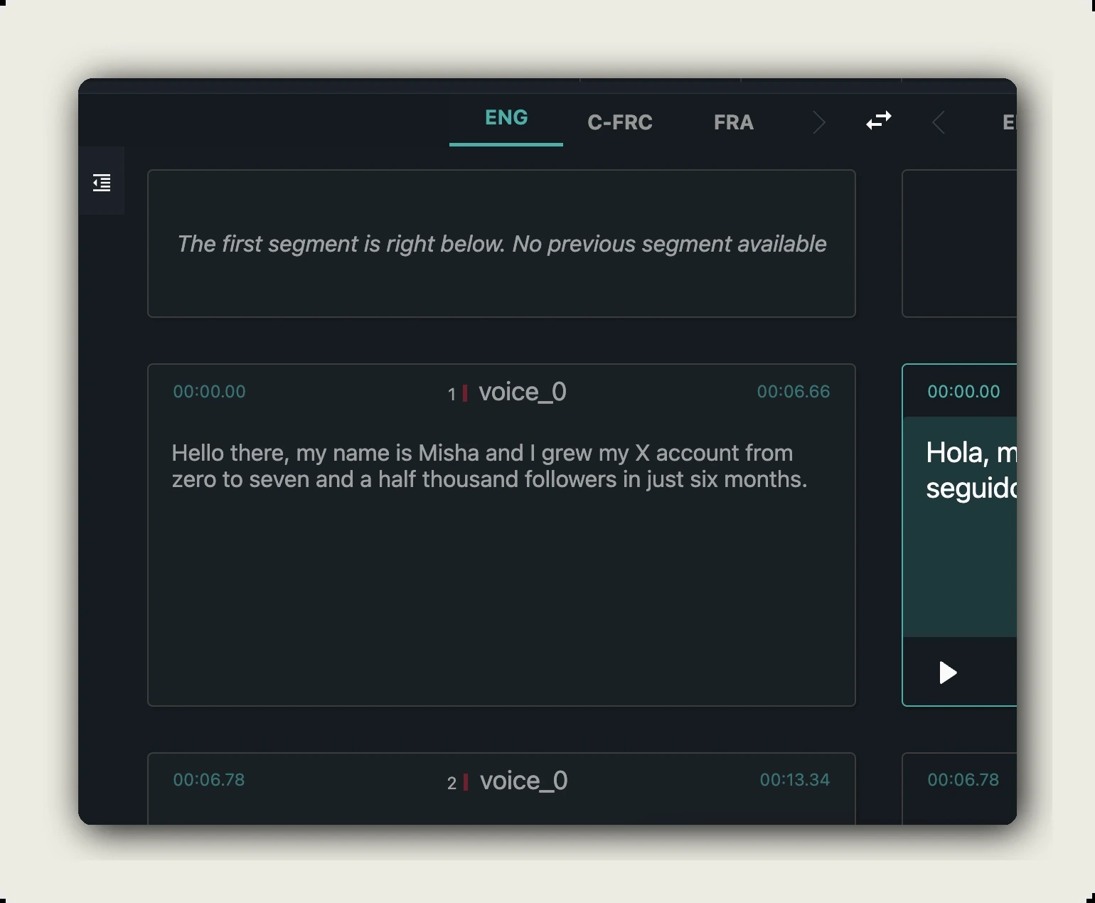 transcribe video to text — reviewing and editing transcript segments with timestamps and speaker labels in the alugha dubbr