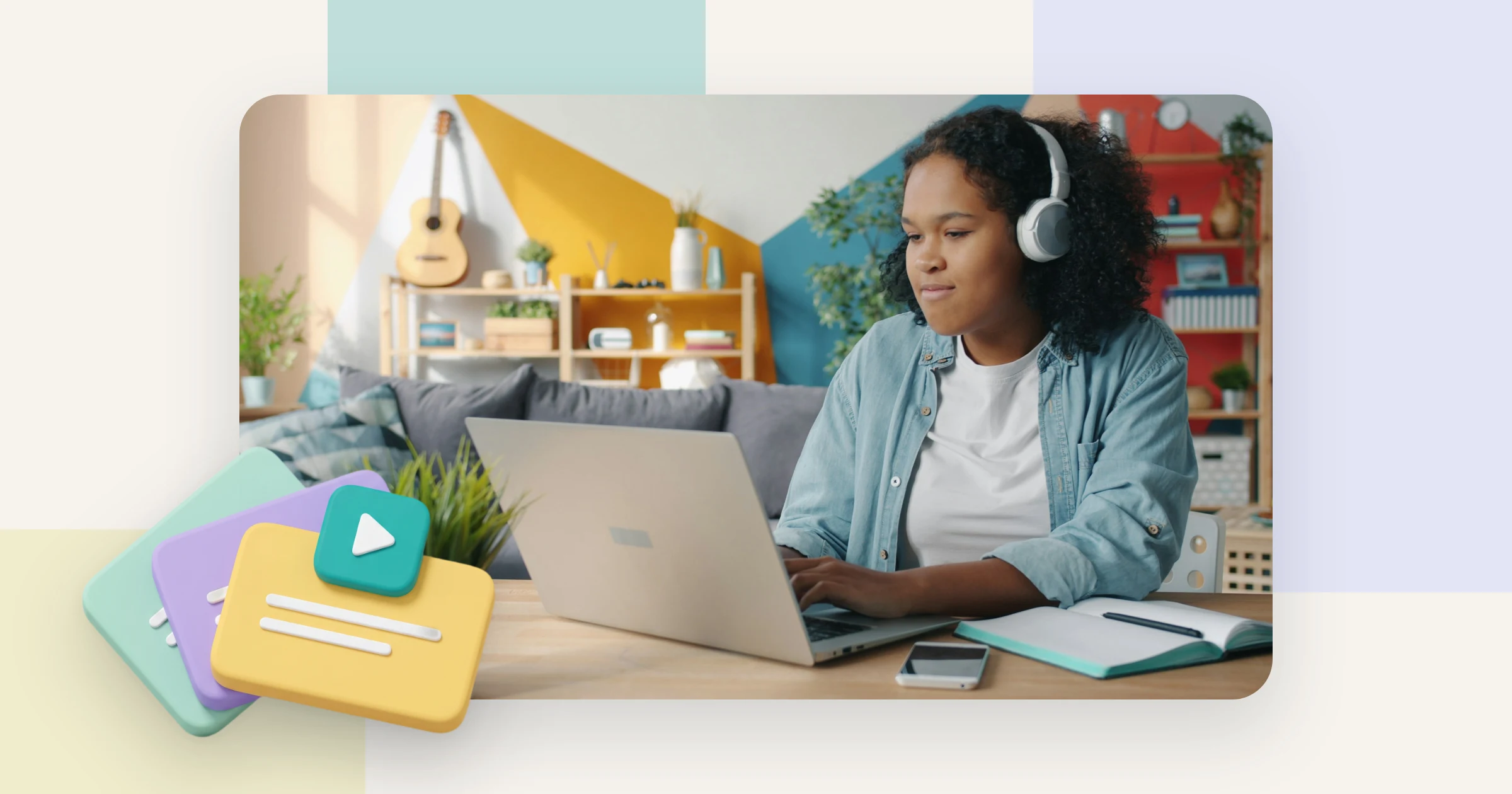 A learner with headphones works through a course on her laptop at home, on her own schedule, the core of asynchronous learning
