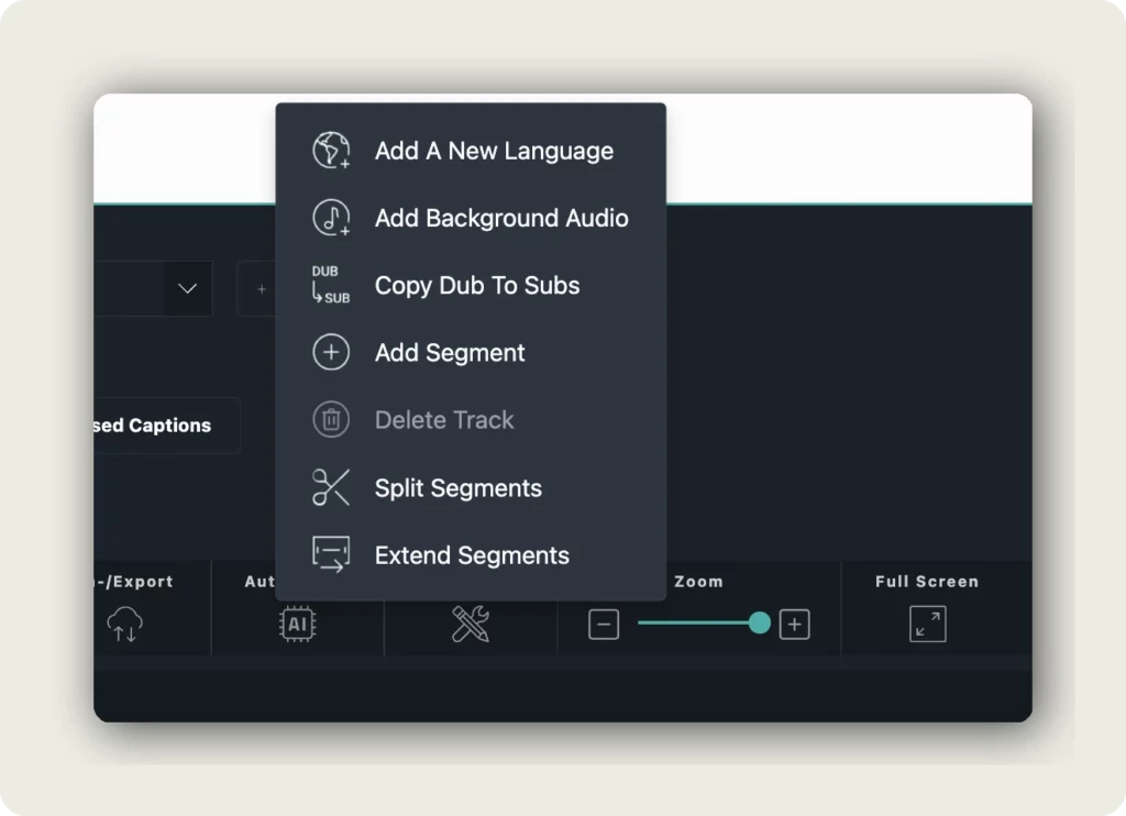 alugha dubbr Tools menu with Add New Language, Add New Voice, and Recording Settings options to translate video