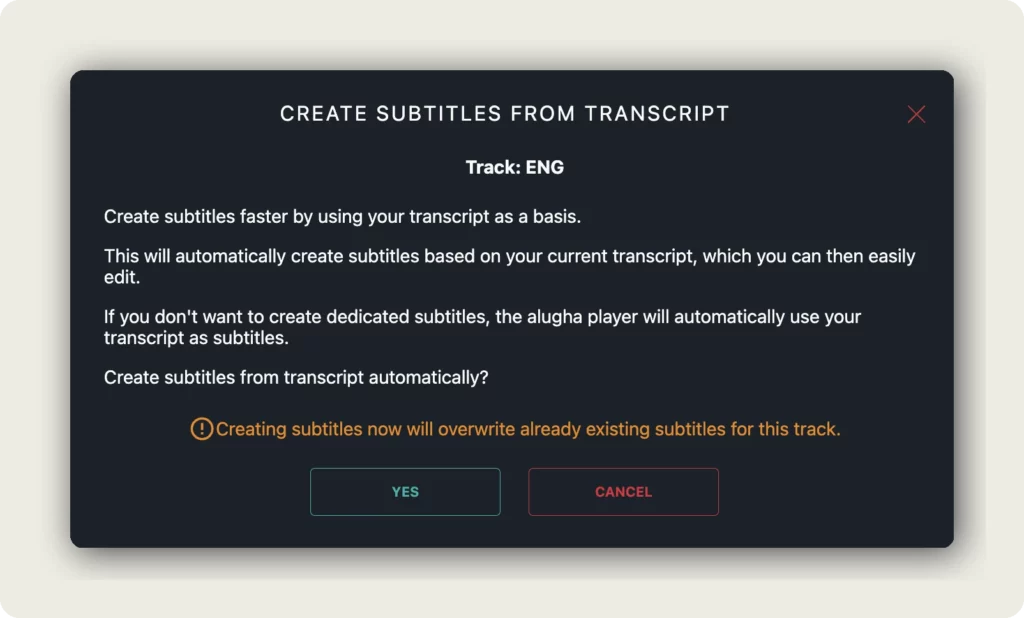 alugha Create subtitles from transcript confirmation dialog with Track ENG, overwrite warning, and YES and CANCEL buttons to create subtitles from transcript