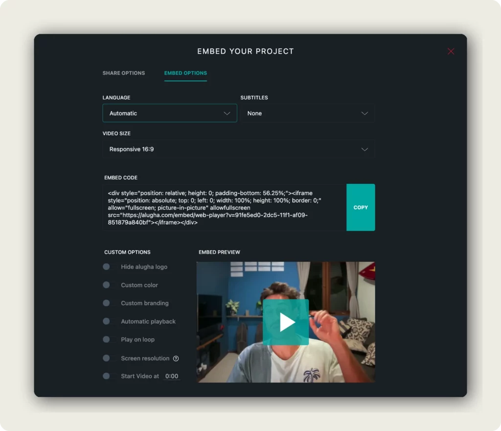 Embed Options with language, subtitles, video size, and embed code for your multilingual video