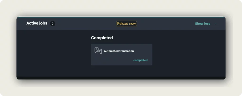 alugha Active jobs panel showing Automated Translation completed for FRA target track with Reload now button to translate video