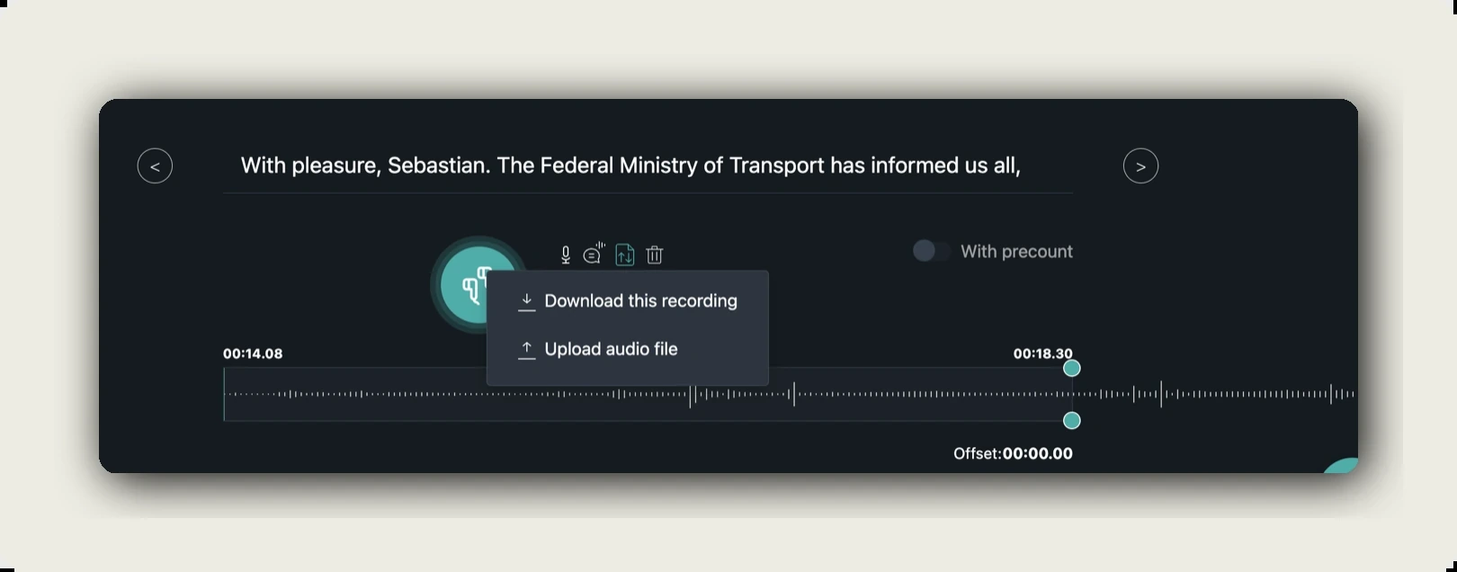 manage recording alugha — Download this recording / Upload audio file menu off the per-segment upload icon