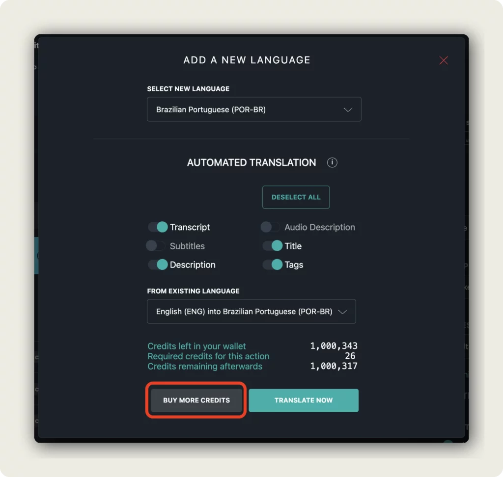 alugha Add A New Language dialog showing Automated Translation with credit cost breakdown and BUY MORE CREDITS button to understand alugha plans and credits