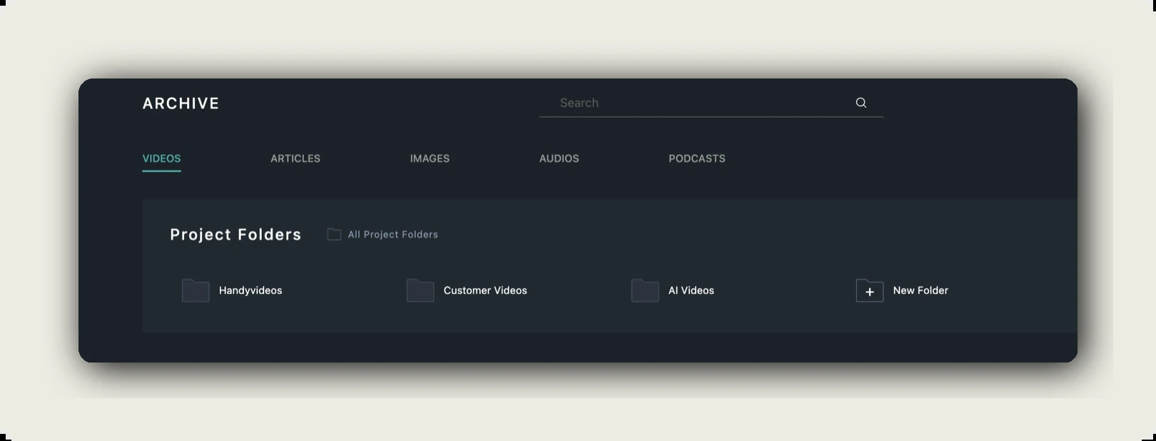 alugha folders — Project Folders strip showing Handyvideos, Customer Videos, AI Videos, and New Folder tile