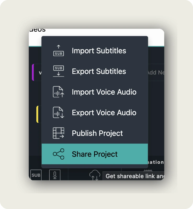 alugha dubbr Im-/Export menu with Share Project option highlighted and Get shareable link tooltip to share video with link or QR code