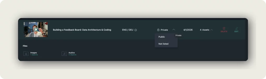 alugha visibility dropdown with Private, Public, and Not listed options to manage your videos in My archive