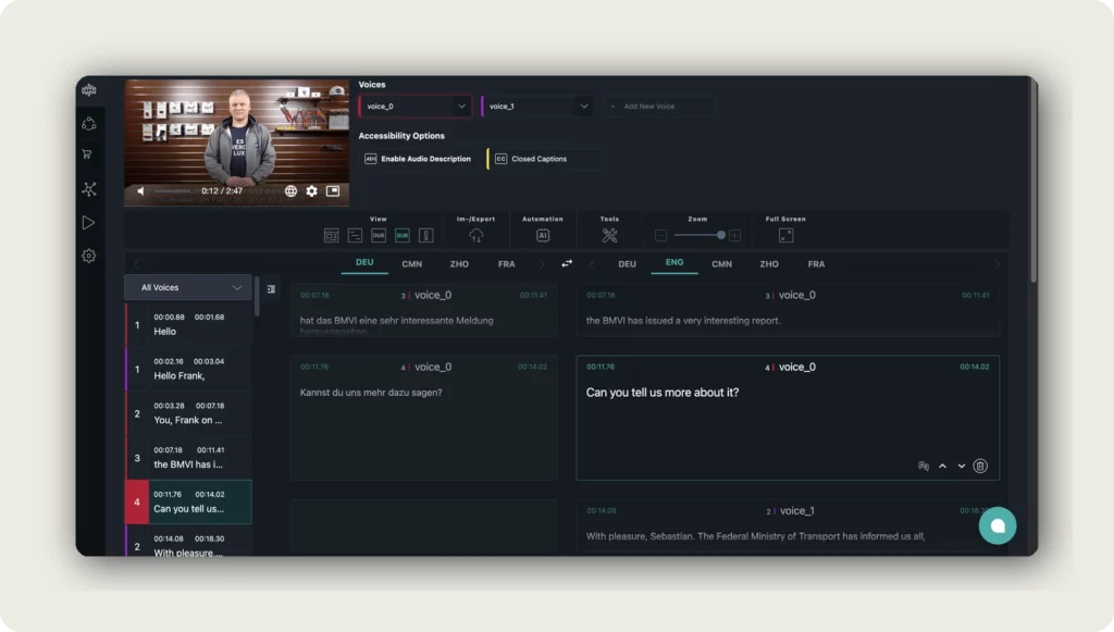 alugha dubbr All Voices view across DEU CMN ZHO FRA ENG language tabs with subtitle segments populated after Copy Dub To Subs to create subtitles from transcript