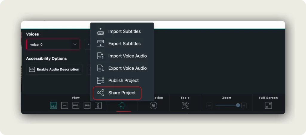 dubbr Im-/Export menu with Share Project option to embed your multilingual video