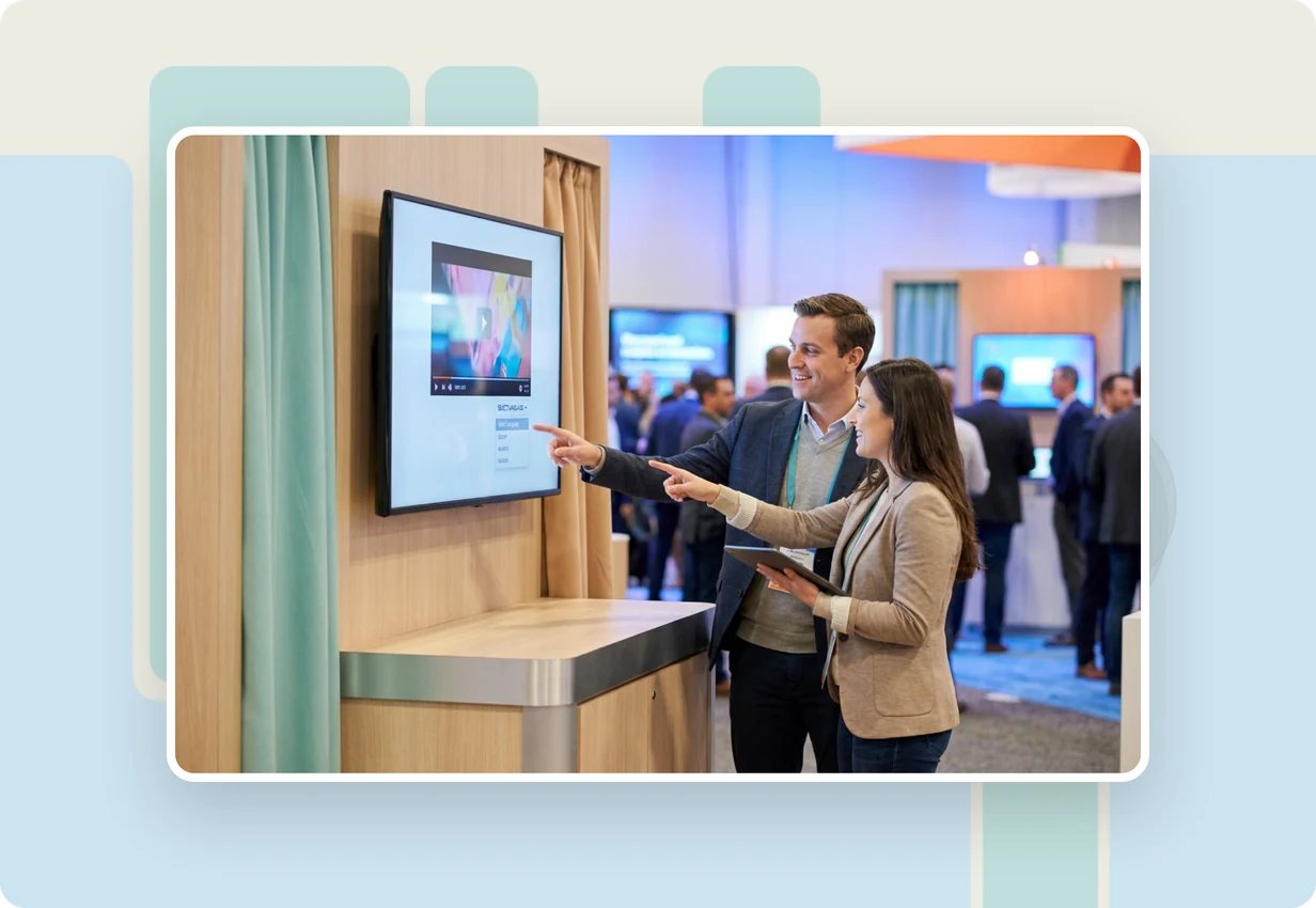 alugha at DMEXCO 2022: marketing professionals reviewing a multilingual video campaign at a digital marketing expo booth
