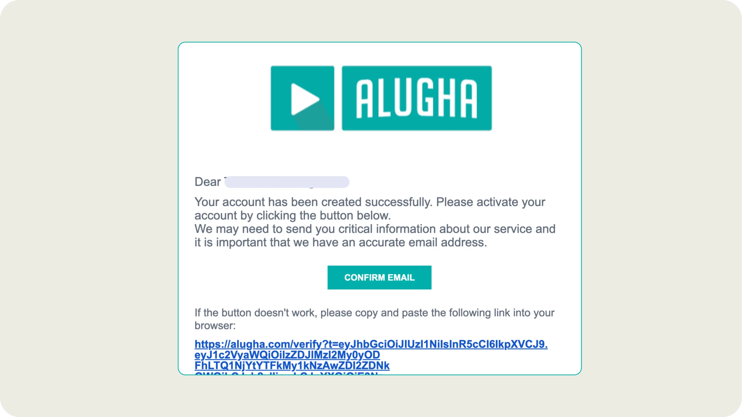 alugha account verification email with Confirm Email button