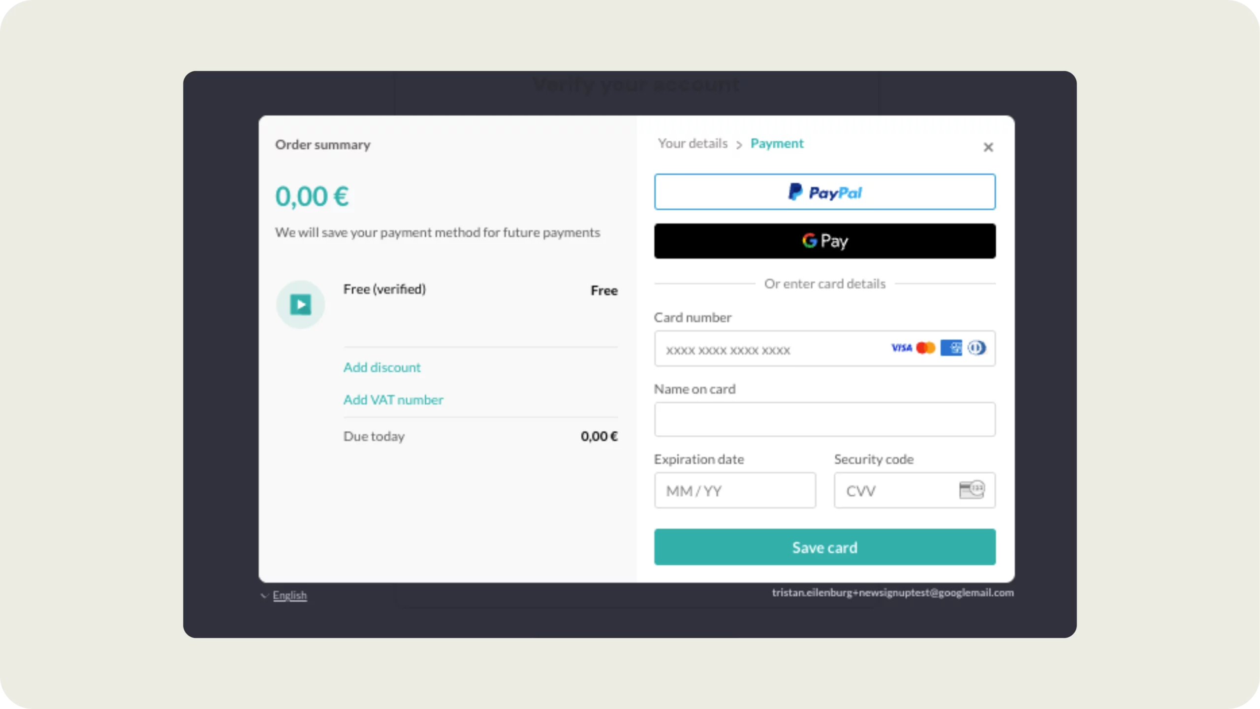 Paddle checkout showing 0,00 EUR with PayPal, Google Pay, and credit card options for alugha account verification