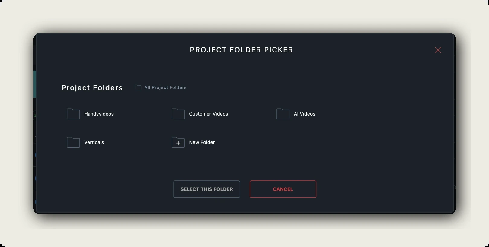 alugha folders — PROJECT FOLDER PICKER dialog with SELECT THIS FOLDER and CANCEL buttons