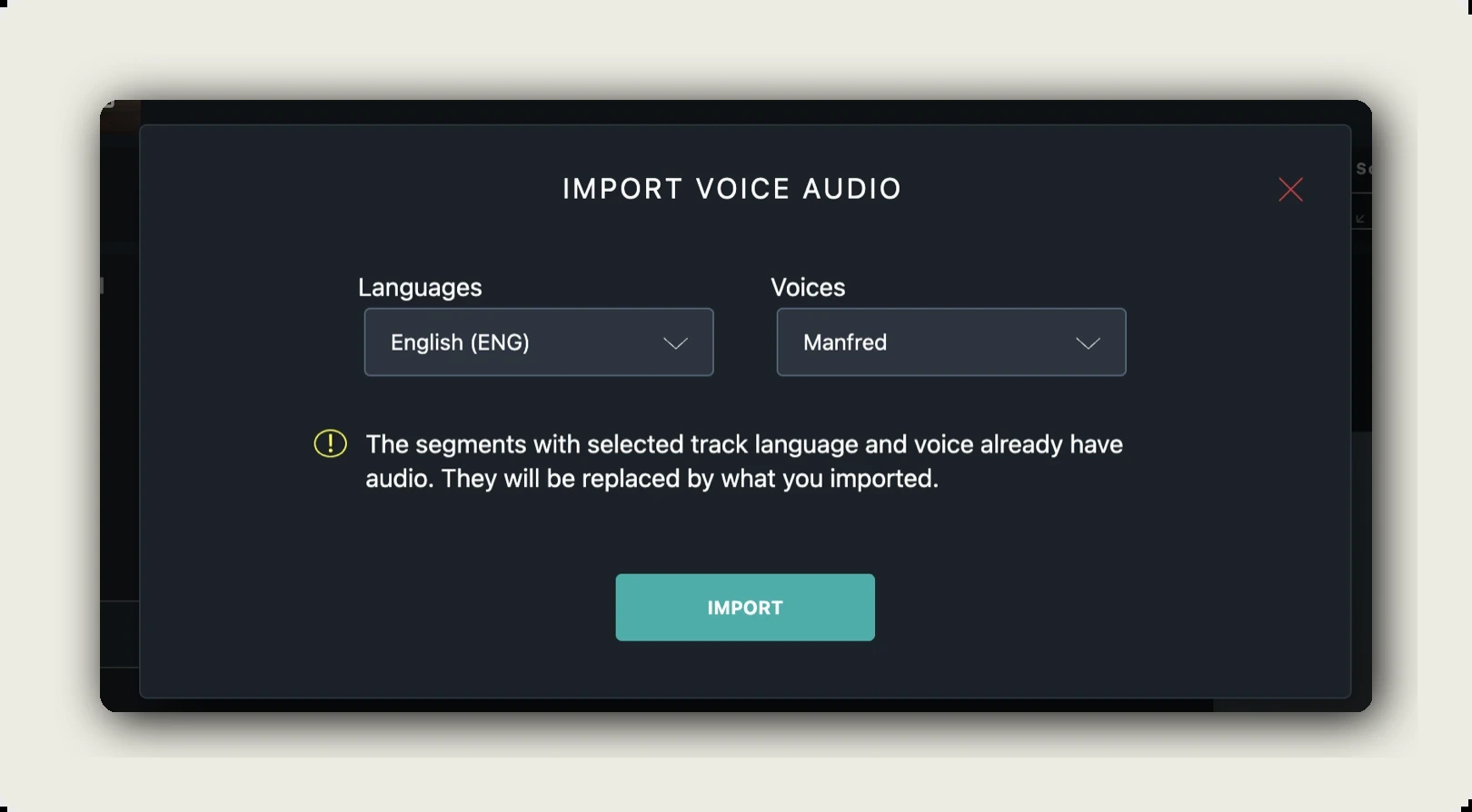 manage audio alugha — IMPORT VOICE AUDIO dialog with Languages and Voices dropdowns plus overwrite warning