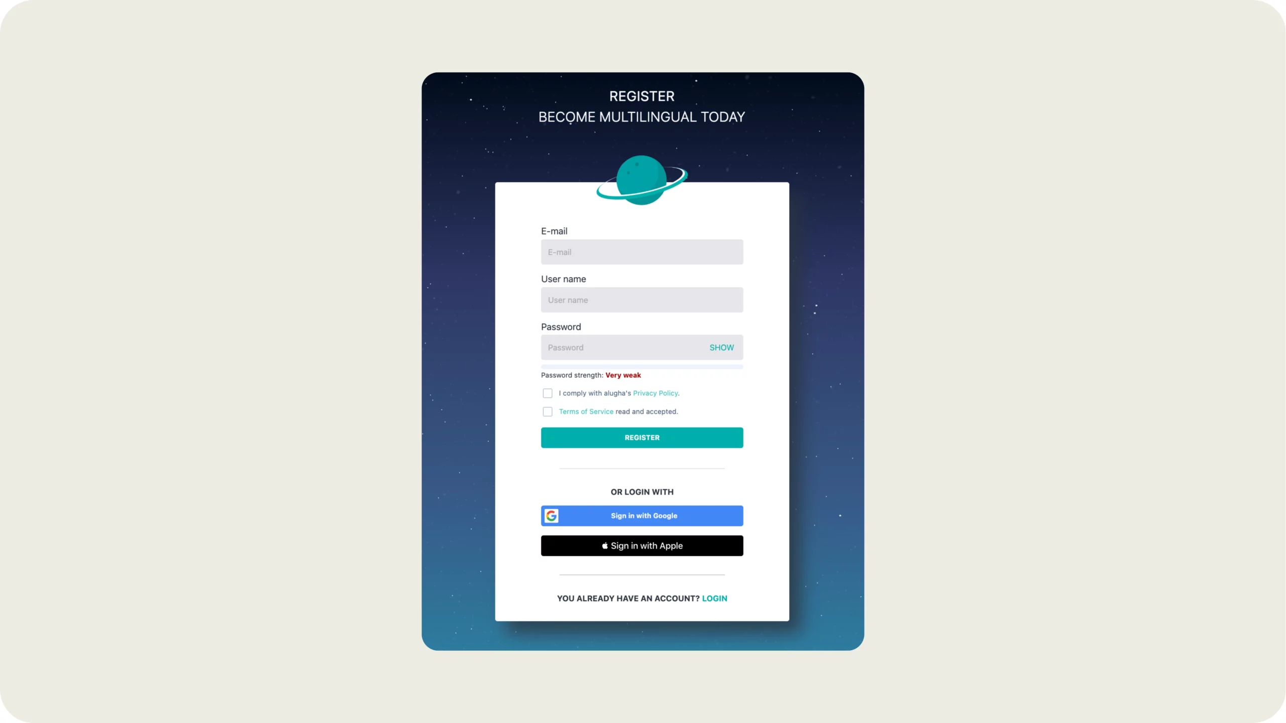 alugha account sign up page with email, username, and password fields