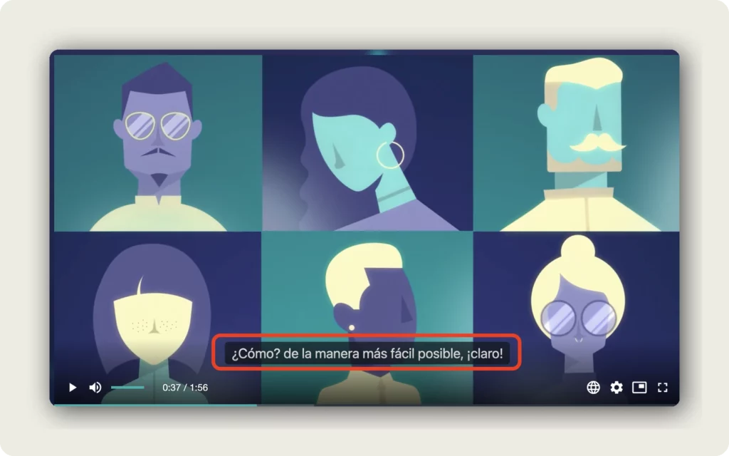 alugha player showing Spanish subtitles auto-detected from browser language with playback controls and progress bar to understand the automatic language switcher