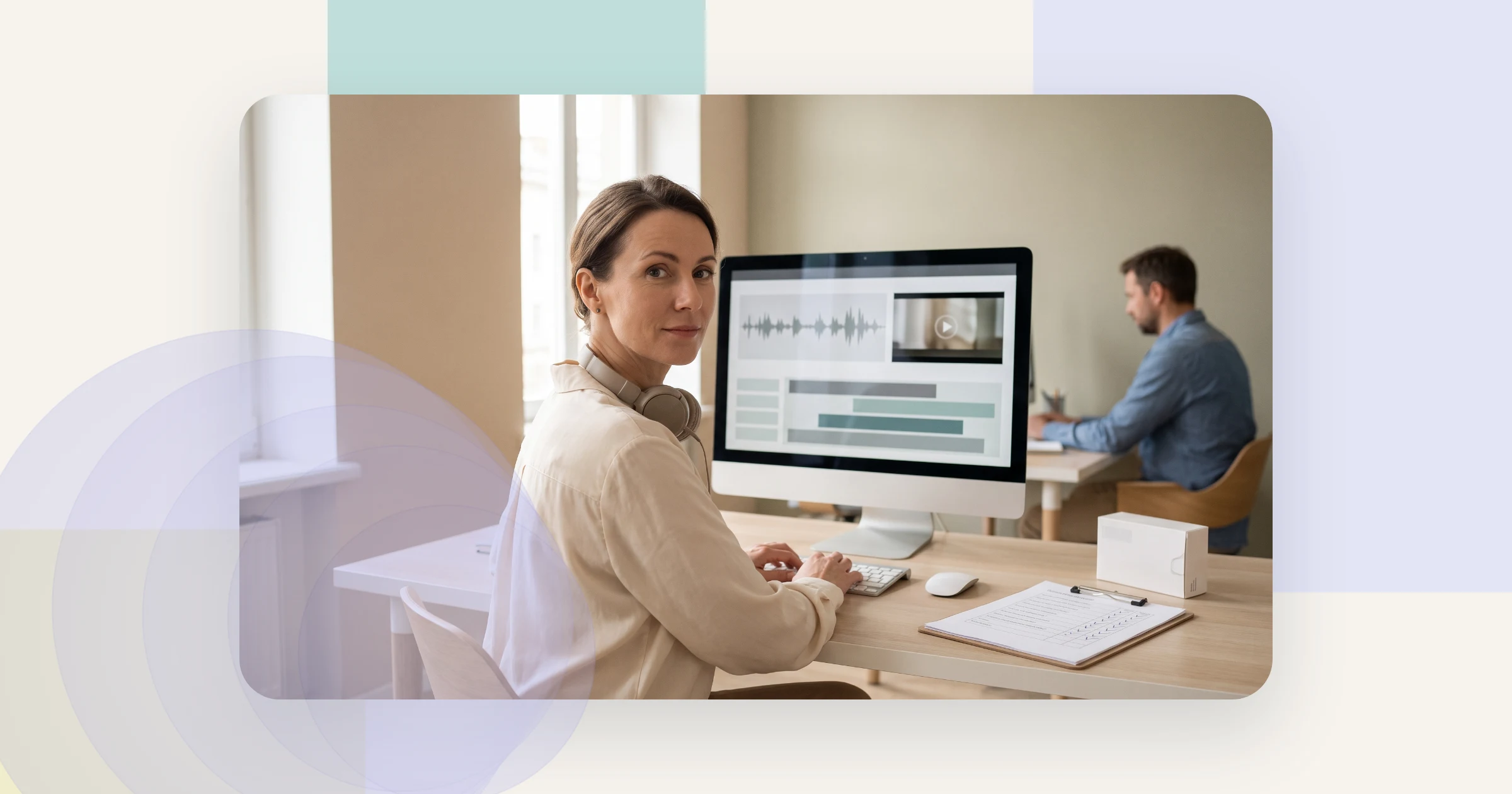 AI dubbing pharma governance: a medical reviewer approves a dubbed patient video, with audio waveform and subtitle tracks on screen