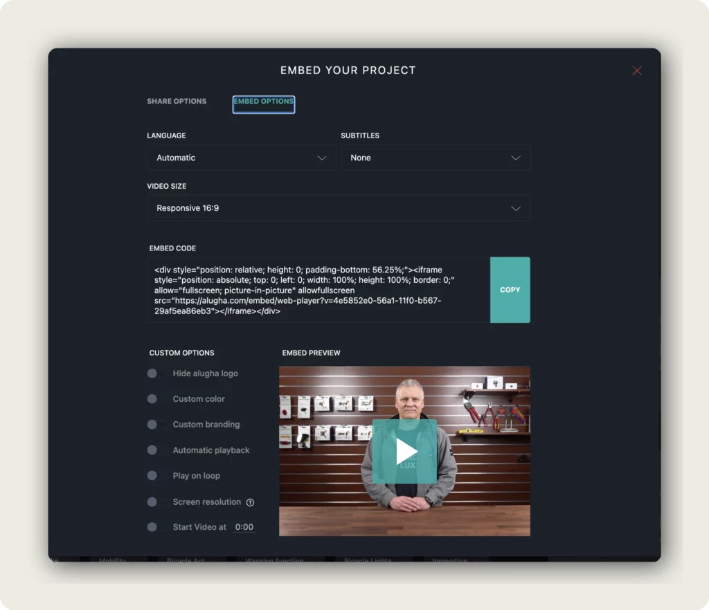 alugha Embed Your Project dialog showing Custom Options section with Hide alugha logo, Custom color, Custom branding, Automatic playback, Play on loop, Screen resolution, and Start Video at toggles with live Embed Preview to customize player appearance