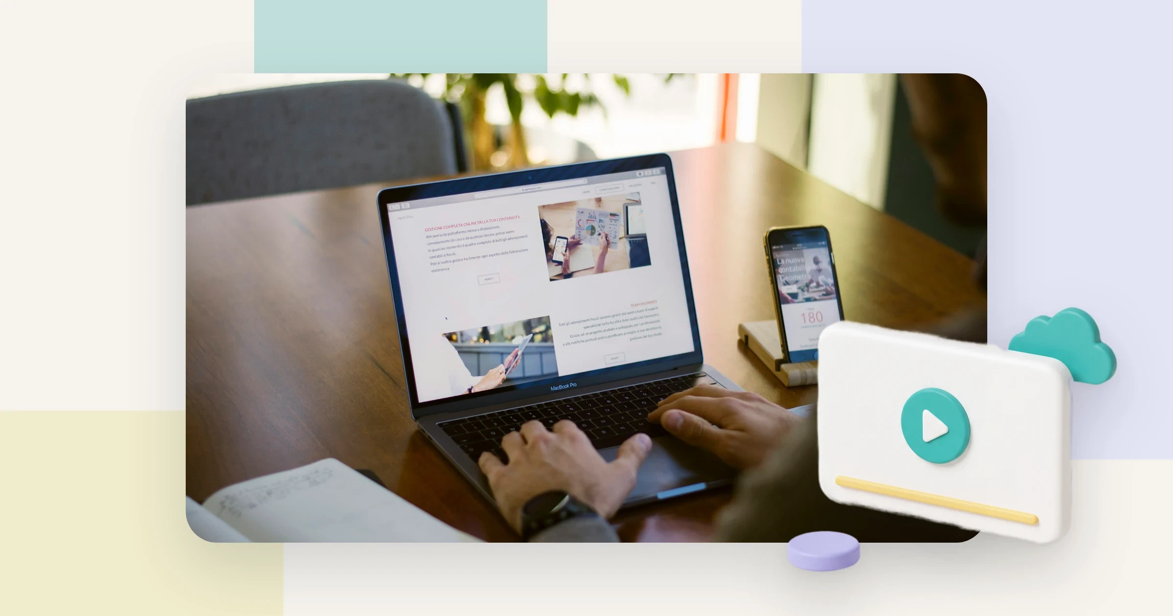 Person reading an email on a laptop at a desk, with a player card and cloud, for how to embed a video in an email