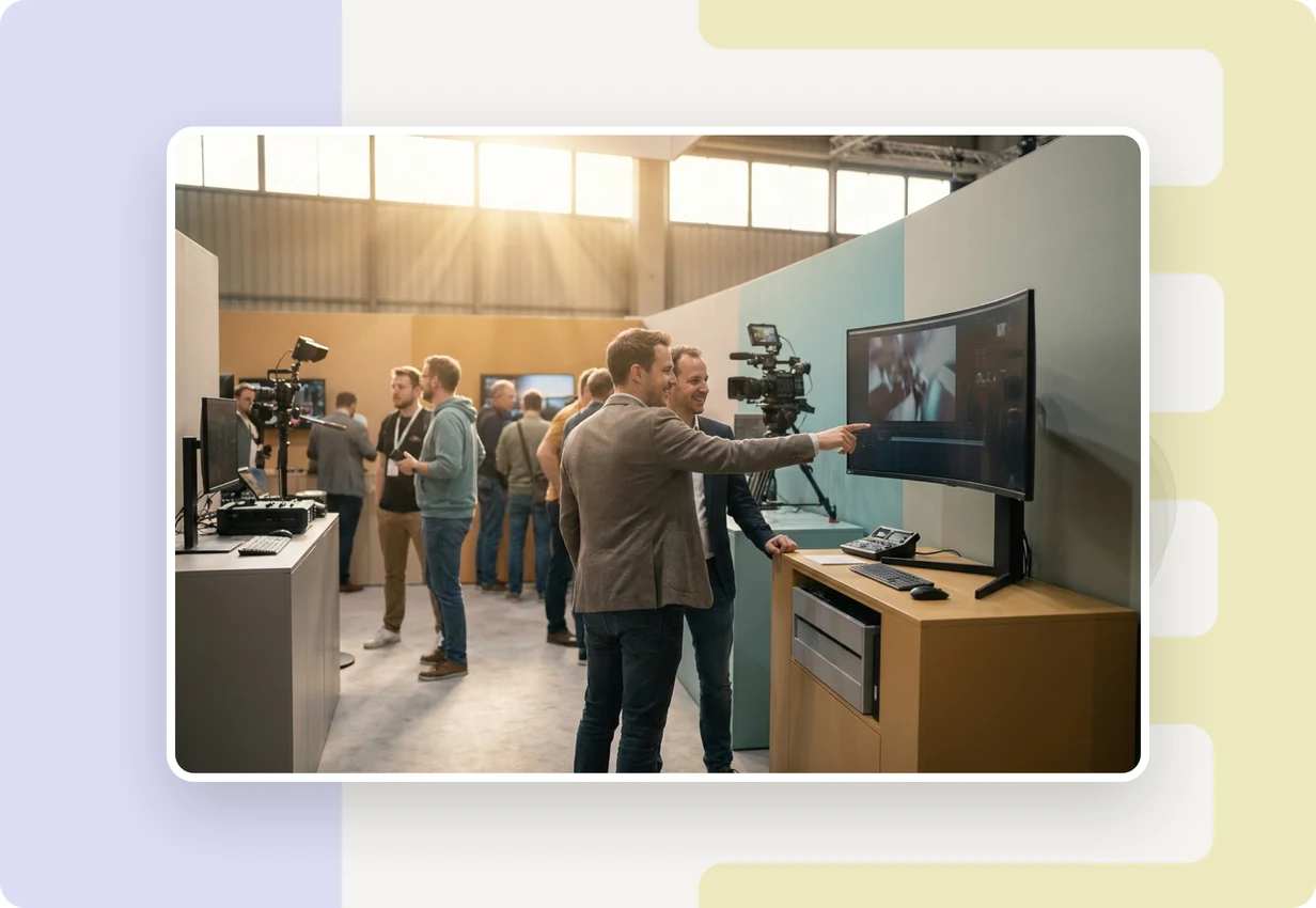 alugha at the media production technology show: broadcast professionals reviewing a multilingual video at a media technology exhibition booth