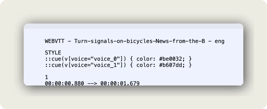 alugha WebVTT export preview showing STYLE block with cue v voice_0 color and cue v voice_1 color assignments to export subtitles with colored subtitles