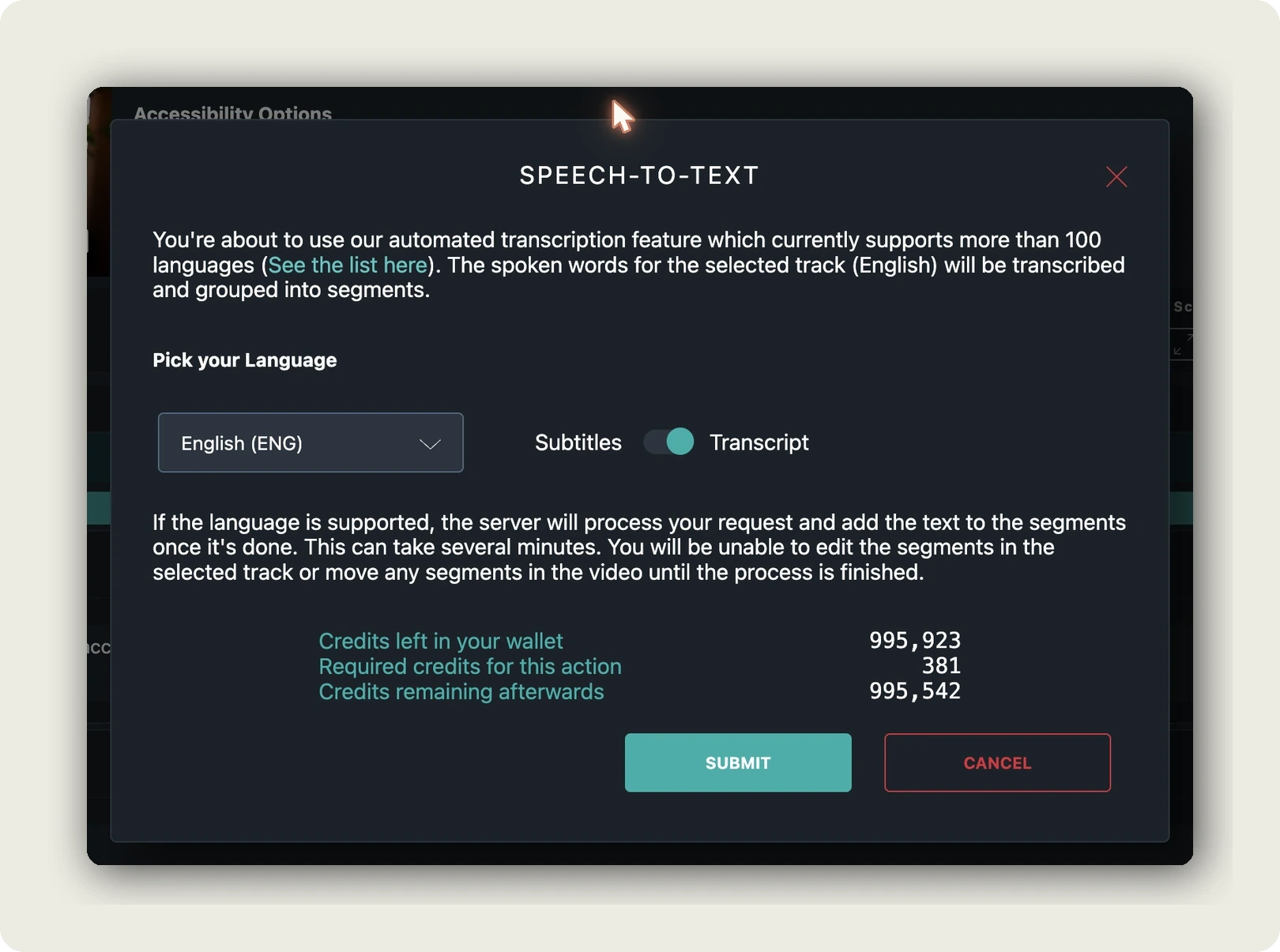 transcribe video to text — alugha dubbr speech-to-text dialog showing the credit cost preview before the transcription starts