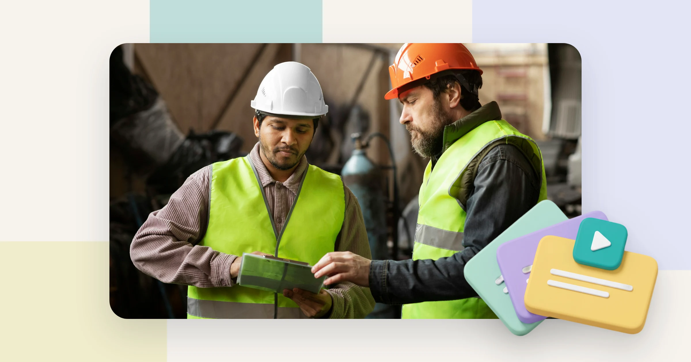 Two industrial workers in safety vests go through compliance training for employees on a tablet on the shop floor