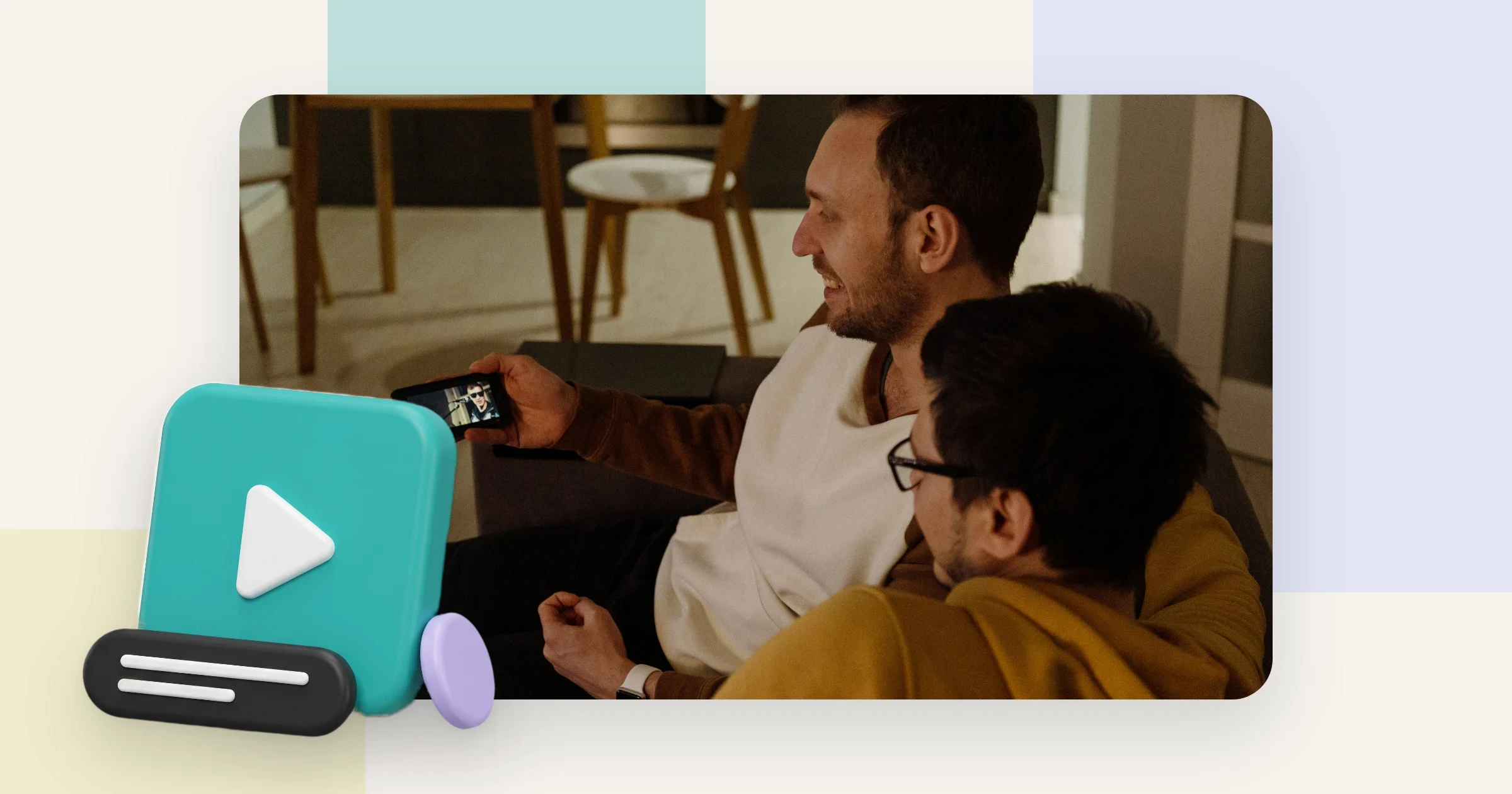 Two people on a sofa watching a video on a phone, with a play tile and a closed captions bar. Illustration for what are closed captions.