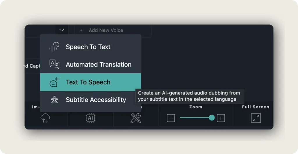 alugha dubbr Automation menu with Text To Speech option highlighted and tooltip to generate AI voiceover text to speech