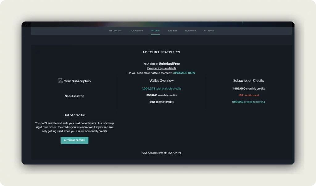 alugha Payment tab showing Account Statistics with plan info, Wallet Overview with monthly and booster credits, Subscription Credits, and BUY MORE CREDITS button to change account settings