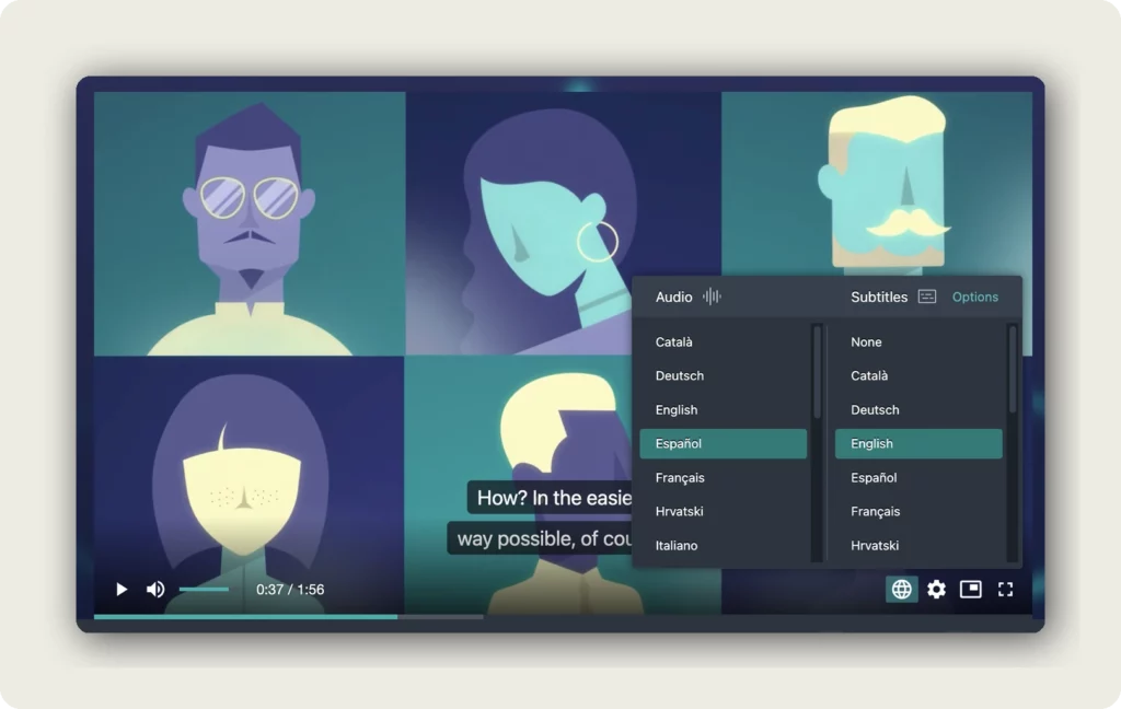 alugha player language picker open with Audio column showing Catala Deutsch English Espanol Francais Hrvatski Italiano and Subtitles column showing None plus matching languages and Options tab to understand the automatic language switcher