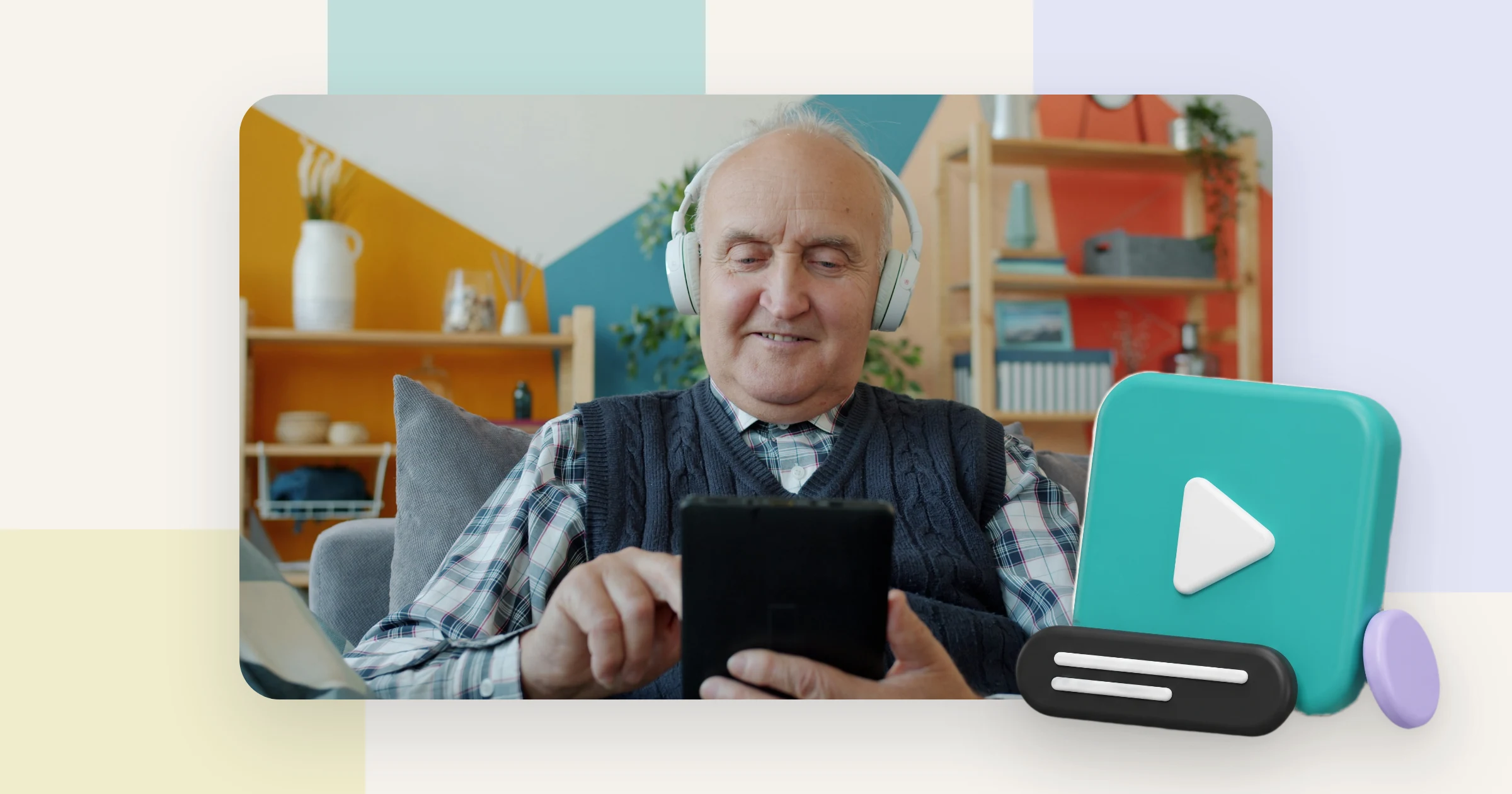 An older man with headphones watches a video on his tablet while audio description narrates what is on screen