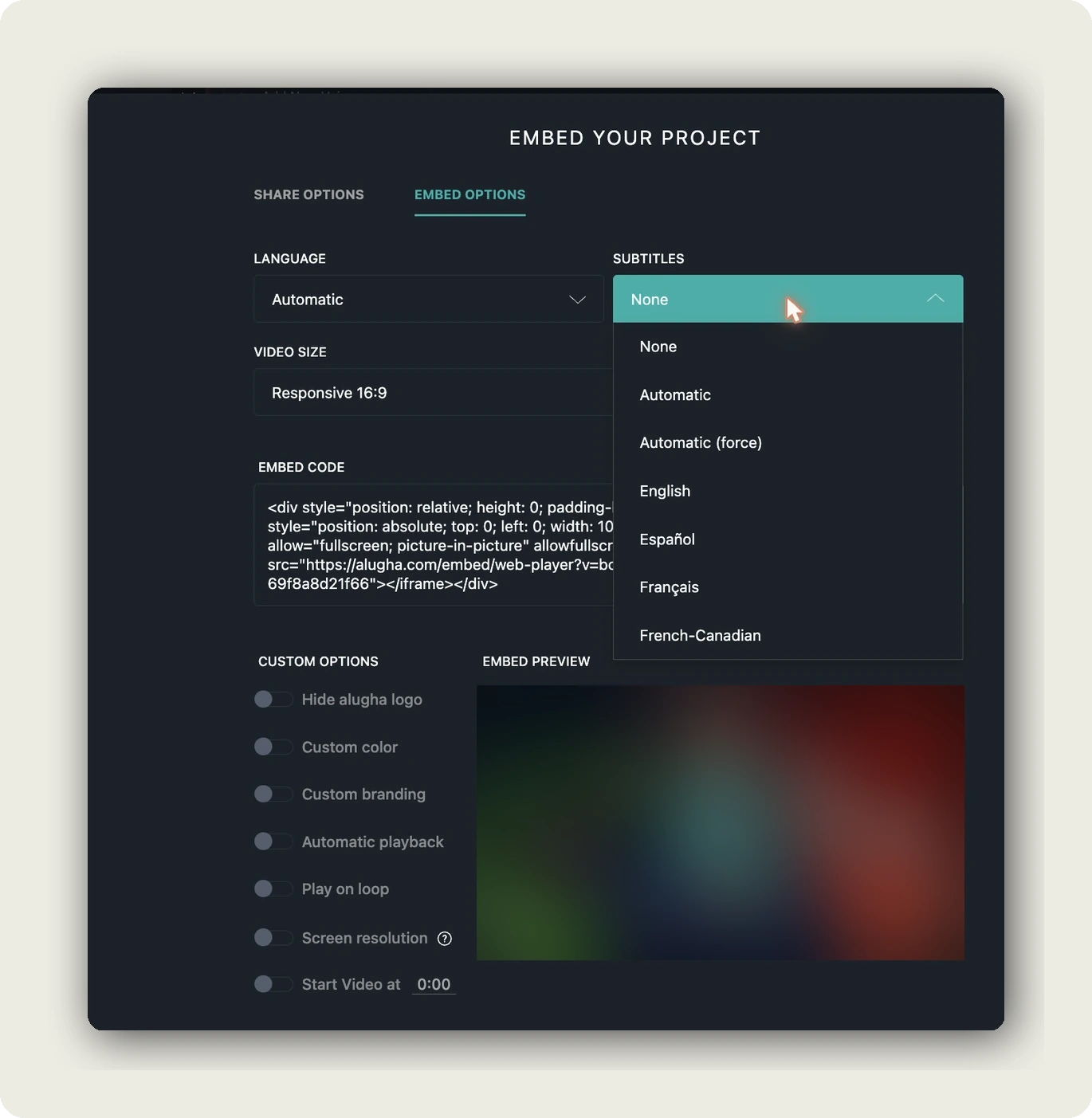The alugha embed options with the Subtitles dropdown open, showing None, Automatic, Automatic (force) and fixed languages, and Automatic playback switched off