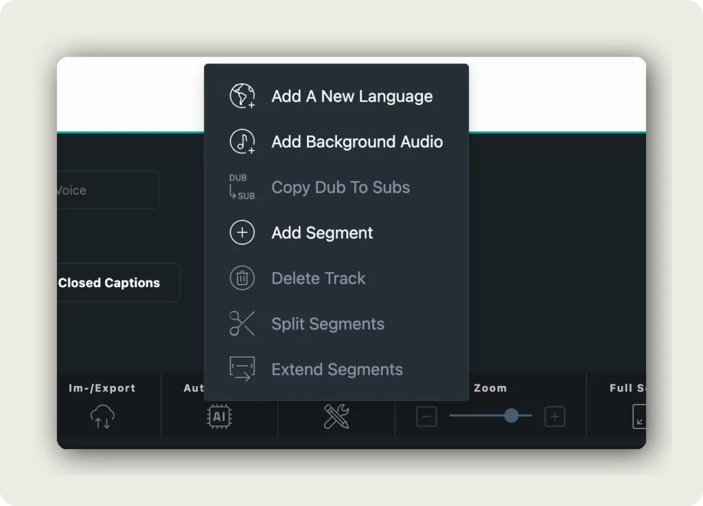 alugha dubbr Tools menu with Add A New Language option to add AI translations to your video