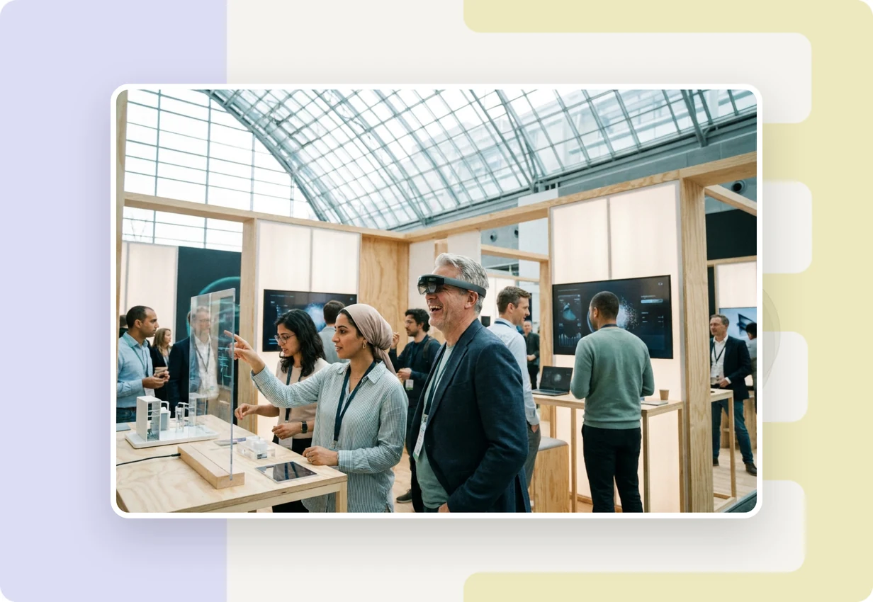alugha at Future Tech Event 2023: tech and enterprise professionals watching a multilingual video at a technology expo booth