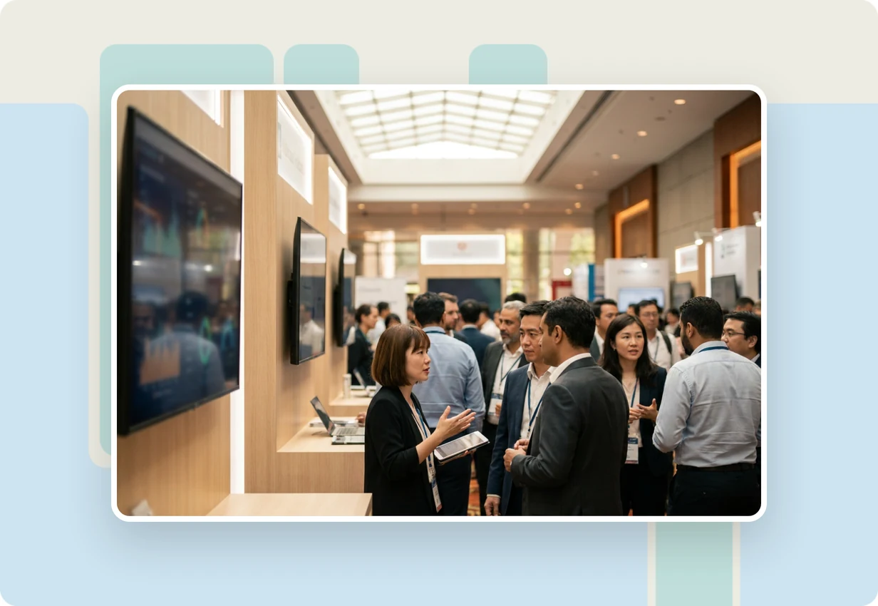 alugha at Asia Tech x Singapore 2022: tech and enterprise professionals watching a multilingual video at a technology expo booth in Singapore