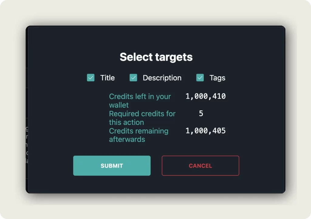 alugha Select targets AI dialog with Title, Description, Tags checkboxes and credit balance to edit language metadata