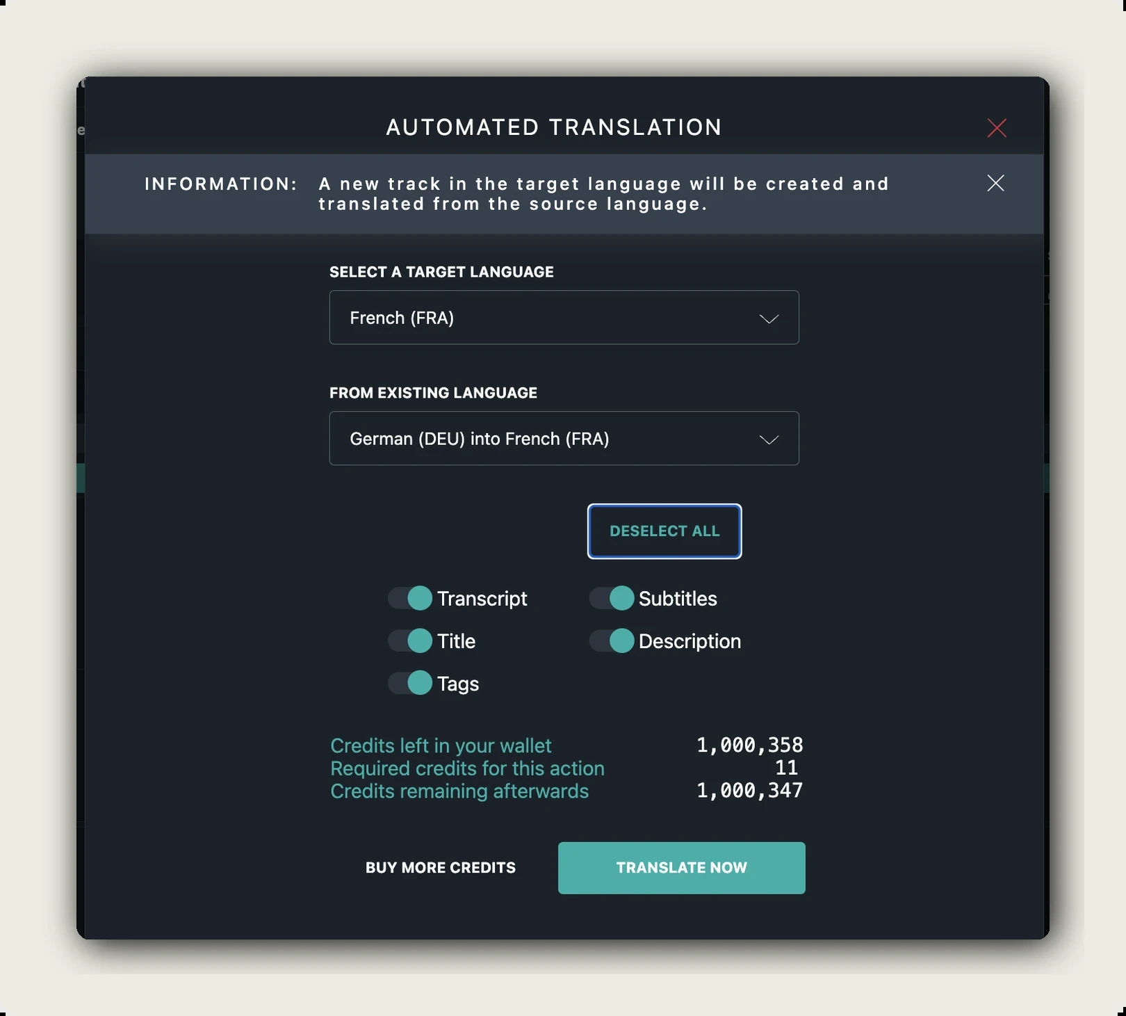 Automated translation dialog with target languages and glossary, for a YouTube alternative