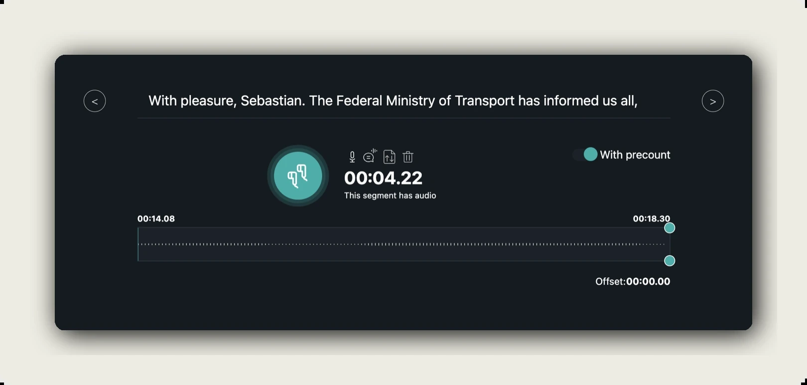 manage recording alugha — per-segment controls with teal play button, microphone, TTS, upload, trash icons and segment range bar
