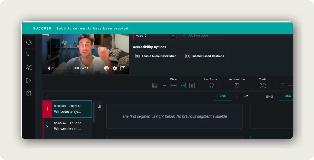 Success banner showing subtitle segments created after adding AI translations to your video