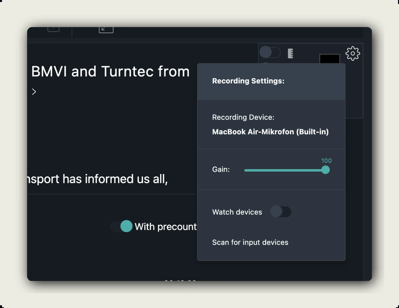 manage recording alugha — Recording Settings popover with Recording Device, Gain slider, Watch devices, Scan for input devices