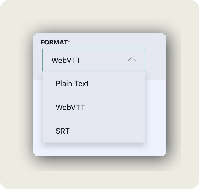 alugha Export Subtitles Format dropdown with Plain Text, WebVTT, and SRT options to export subtitles
