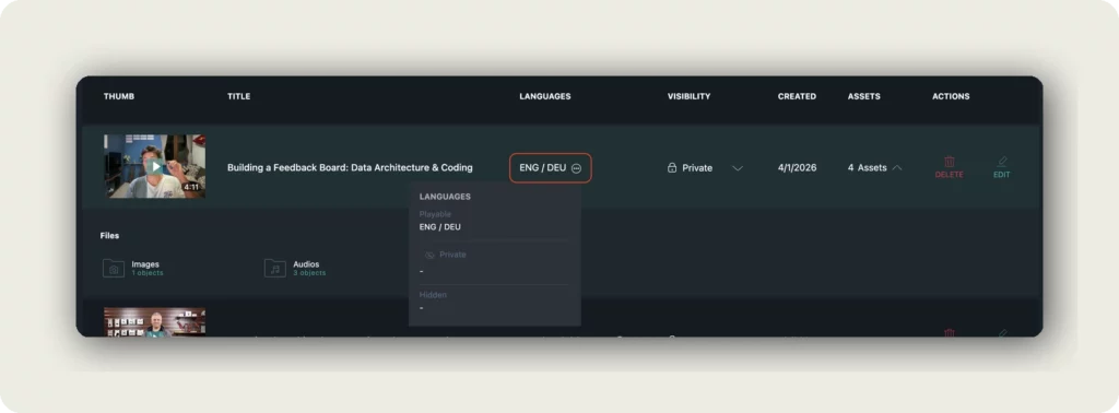 alugha languages popover showing Playable, Private, and Hidden status to manage your videos in My archive