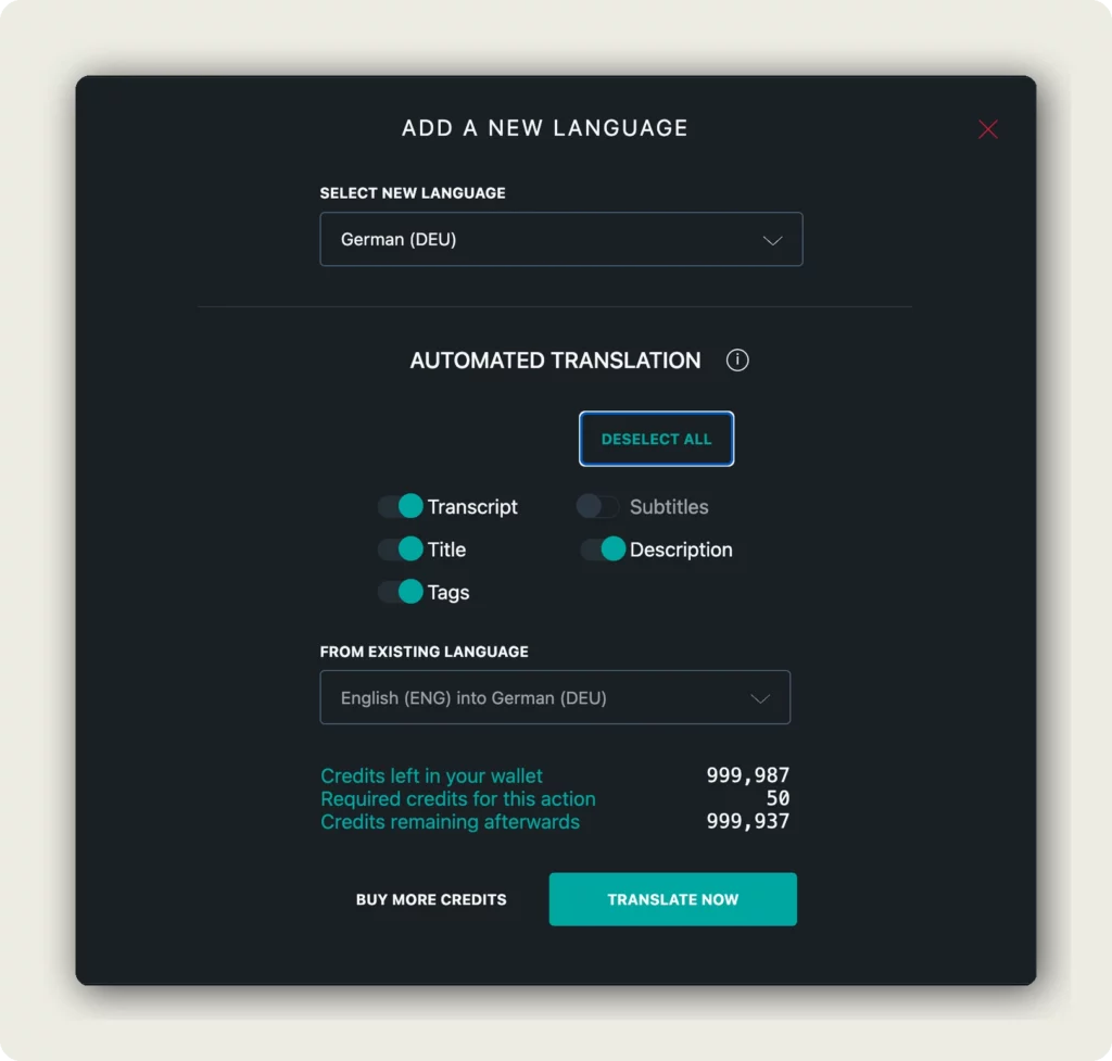 Add A New Language dialog with translation toggles to add AI translations to your video